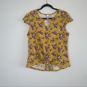 No Boundaries Gold Floral Flutter Sleeve Tie Top
